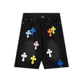 Chrome Hearts Black & Multi-Color Cross Patch Denim Shorts